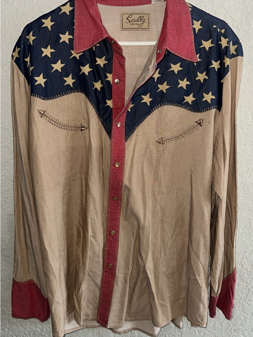 Scully Tan Western Star Yoke Shirt with Navy and Red Accents - Picture 2 of 4
